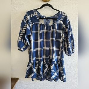 A'reve S (Anthropologie) Cream & Blue Plaid Back Lace Up blouse tunic